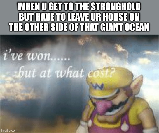 *sobs* goodbye horsey | WHEN U GET TO THE STRONGHOLD BUT HAVE TO LEAVE UR HORSE ON THE OTHER SIDE OF THAT GIANT OCEAN | image tagged in i've won but at what cost | made w/ Imgflip meme maker