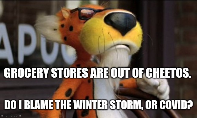 I don't want flaming hot! |  GROCERY STORES ARE OUT OF CHEETOS. DO I BLAME THE WINTER STORM, OR COVID? | image tagged in chester cheeto,snow,covid-19 | made w/ Imgflip meme maker