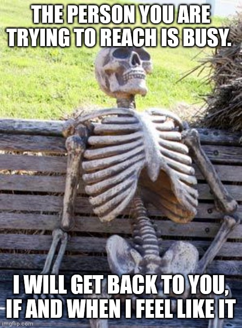 Me waiting for a call back | THE PERSON YOU ARE TRYING TO REACH IS BUSY. I WILL GET BACK TO YOU, IF AND WHEN I FEEL LIKE IT | image tagged in memes,waiting skeleton | made w/ Imgflip meme maker