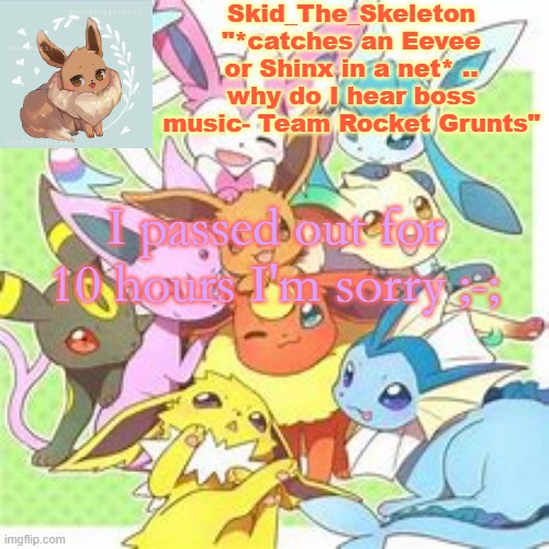 ;-; | I passed out for 10 hours I'm sorry ;-; | image tagged in skid's pokemon temp rebooted | made w/ Imgflip meme maker