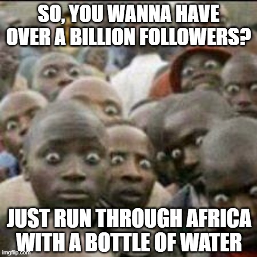 Followers | SO, YOU WANNA HAVE OVER A BILLION FOLLOWERS? JUST RUN THROUGH AFRICA WITH A BOTTLE OF WATER | image tagged in staring african | made w/ Imgflip meme maker