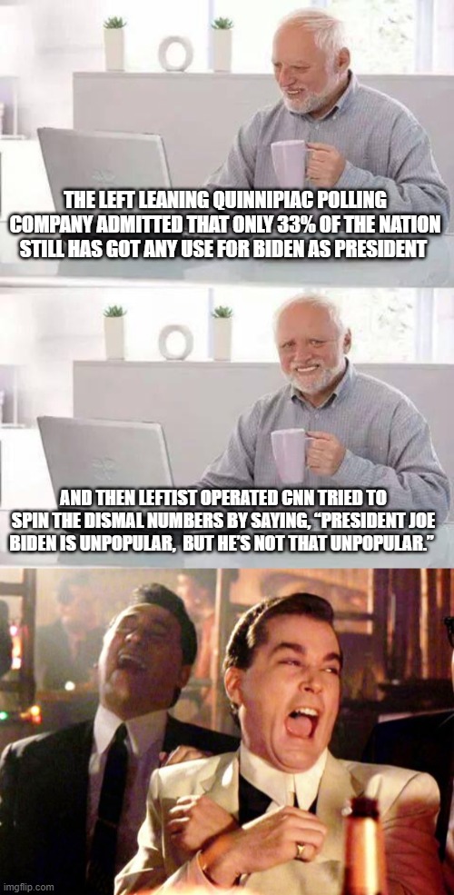 It is now the leftist theater of the absurd. | THE LEFT LEANING QUINNIPIAC POLLING COMPANY ADMITTED THAT ONLY 33% OF THE NATION STILL HAS GOT ANY USE FOR BIDEN AS PRESIDENT; AND THEN LEFTIST OPERATED CNN TRIED TO SPIN THE DISMAL NUMBERS BY SAYING, “PRESIDENT JOE BIDEN IS UNPOPULAR,  BUT HE’S NOT THAT UNPOPULAR.” | image tagged in memes,hide the pain harold | made w/ Imgflip meme maker