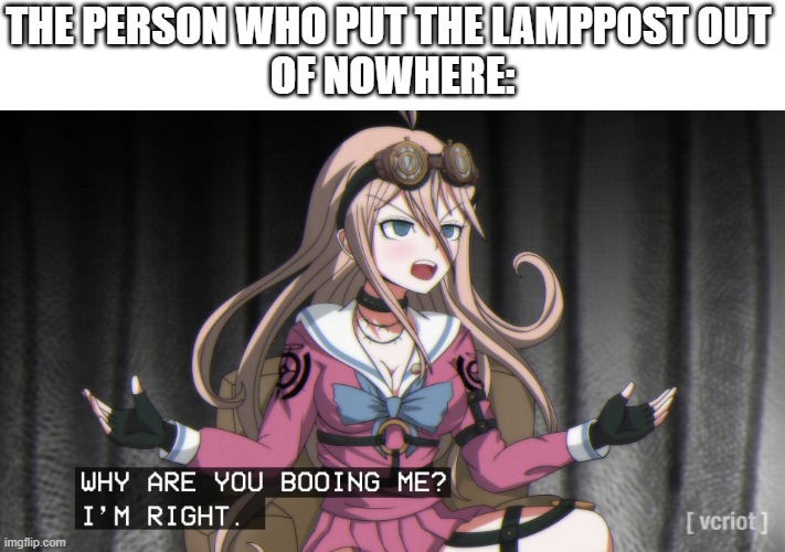 why are you booing me? im right. | THE PERSON WHO PUT THE LAMPPOST OUT 
OF NOWHERE: | image tagged in why are you booing me im right | made w/ Imgflip meme maker