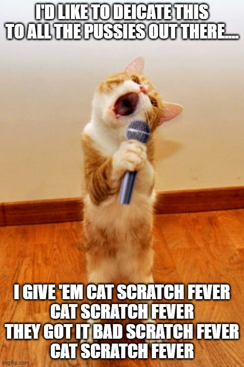 Karaoke Kat | I'D LIKE TO DEICATE THIS TO ALL THE PUSSIES OUT THERE.... I GIVE 'EM CAT SCRATCH FEVER
CAT SCRATCH FEVER
THEY GOT IT BAD SCRATCH FEVER
CAT SCRATCH FEVER | image tagged in singing cat | made w/ Imgflip meme maker