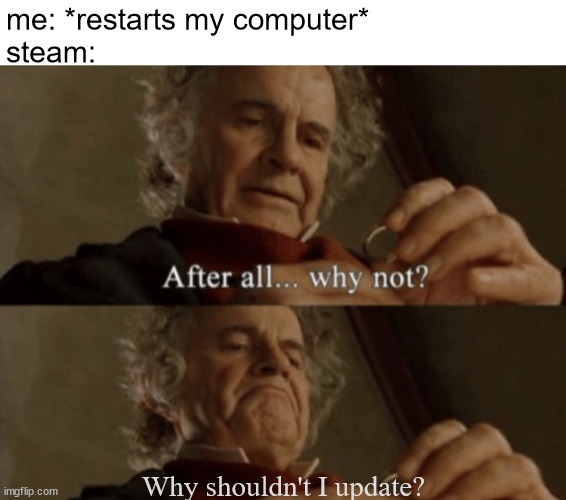every time |  me: *restarts my computer*
steam:; Why shouldn't I update? | image tagged in after all why not | made w/ Imgflip meme maker