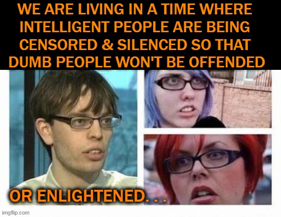 Common Sense & American Standards of Excellence Are Rarely Mentioned by Democrats. . . | WE ARE LIVING IN A TIME WHERE 
INTELLIGENT PEOPLE ARE BEING 
CENSORED & SILENCED SO THAT 
DUMB PEOPLE WON'T BE OFFENDED; OR ENLIGHTENED. . . | image tagged in politics,liberals vs conservatives,democrats,dumb people,common sense,censorship | made w/ Imgflip meme maker