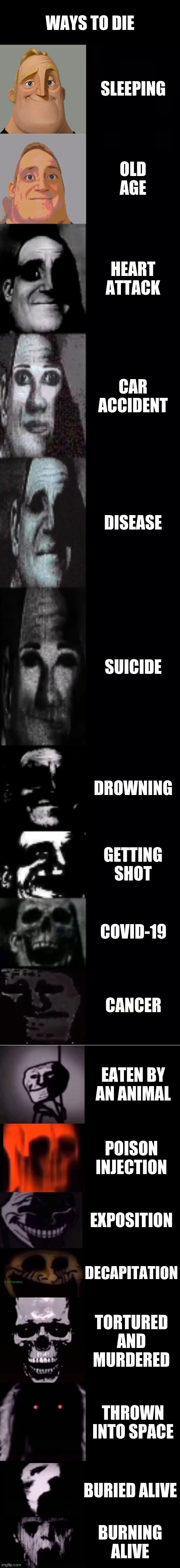 mr incredible becoming uncanny 1st extension | WAYS TO DIE; SLEEPING; OLD AGE; HEART ATTACK; CAR ACCIDENT; DISEASE; SUICIDE; DROWNING; GETTING SHOT; COVID-19; CANCER; EATEN BY AN ANIMAL; POISON INJECTION; EXPOSITION; DECAPITATION; TORTURED AND MURDERED; THROWN INTO SPACE; BURIED ALIVE; BURNING ALIVE | image tagged in mr incredible becoming uncanny 1st extension | made w/ Imgflip meme maker