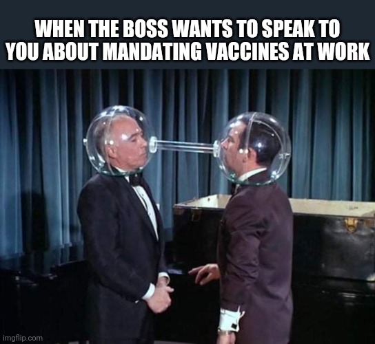 The Cone of Suppression | WHEN THE BOSS WANTS TO SPEAK TO YOU ABOUT MANDATING VACCINES AT WORK | image tagged in get smart,tv show,cone of silence,covid vaccine,work,mandates | made w/ Imgflip meme maker
