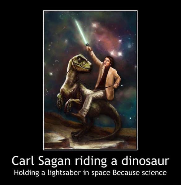 Carl Sagan riding a dinosaur Blank Meme Template