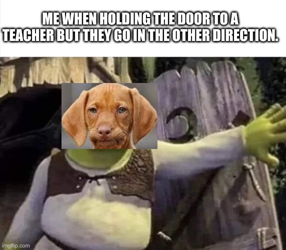 When you open the door to a teacher... | ME WHEN HOLDING THE DOOR TO A TEACHER BUT THEY GO IN THE OTHER DIRECTION. | image tagged in shrek opens the door,shrek,dissapointed puppy,dissapointed,relatable,funny | made w/ Imgflip meme maker