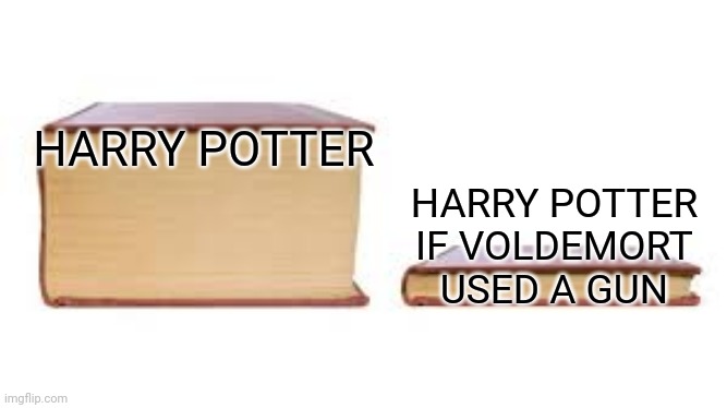 Ayy? | HARRY POTTER; HARRY POTTER IF VOLDEMORT USED A GUN | image tagged in big book small book | made w/ Imgflip meme maker