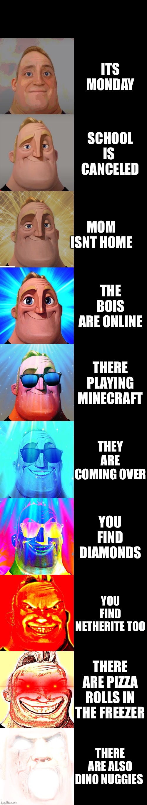 Yes. |  ITS MONDAY; SCHOOL IS 
CANCELED; MOM ISNT HOME; THE BOIS ARE ONLINE; THERE PLAYING MINECRAFT; THEY ARE COMING OVER; YOU FIND DIAMONDS; YOU FIND NETHERITE TOO; THERE ARE PIZZA ROLLS IN THE FREEZER; THERE ARE ALSO DINO NUGGIES | image tagged in mr incredible becoming canny | made w/ Imgflip meme maker