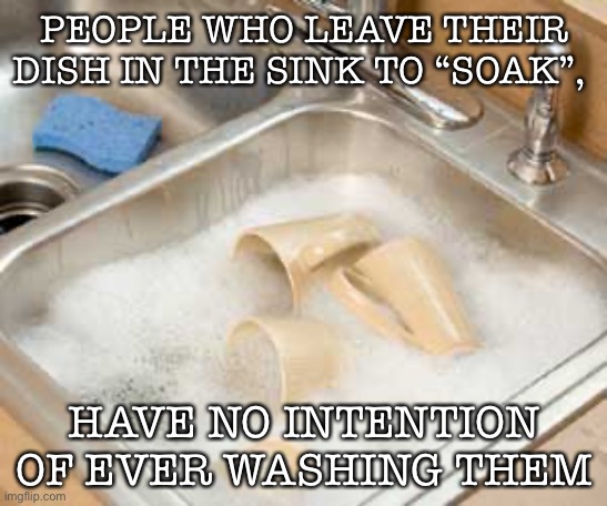 No wash | PEOPLE WHO LEAVE THEIR DISH IN THE SINK TO “SOAK”, HAVE NO INTENTION OF EVER WASHING THEM | image tagged in dishes in sink | made w/ Imgflip meme maker