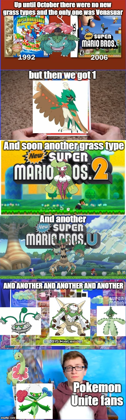 (this took me 10 minutes, I made one for gaming) Too. Many. NEW GRASS TYPES IN UNITE | image tagged in pokemon | made w/ Imgflip meme maker