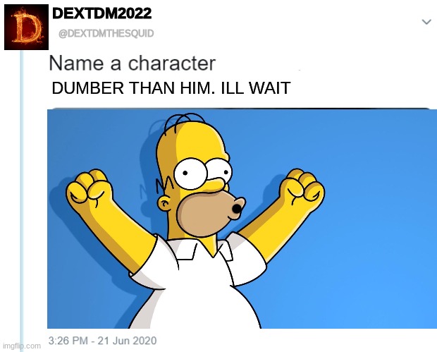 DEXTDM2022; @DEXTDMTHESQUID; DUMBER THAN HIM. ILL WAIT | image tagged in homer simpson,simpsons,the simpsons,name a character,name one character who went through more pain than her,sans | made w/ Imgflip meme maker