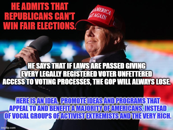 In a democratic republic the majority is supposed to rule. | HE ADMITS THAT REPUBLICANS CAN'T WIN FAIR ELECTIONS. HE SAYS THAT IF LAWS ARE PASSED GIVING EVERY LEGALLY REGISTERED VOTER UNFETTERED ACCESS TO VOTING PROCESSES, THE GOP WILL ALWAYS LOSE. HERE IS AN IDEA.  PROMOTE IDEAS AND PROGRAMS THAT APPEAL TO AND BENEFIT A MAJORITY OF AMERICANS, INSTEAD OF VOCAL GROUPS OF ACTIVIST EXTREMISTS AND THE VERY RICH. | image tagged in politics | made w/ Imgflip meme maker