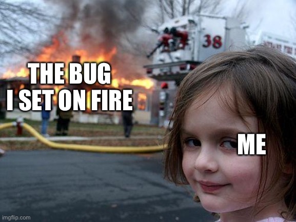 Disaster Girl Meme | THE BUG I SET ON FIRE; ME | image tagged in memes,disaster girl | made w/ Imgflip meme maker