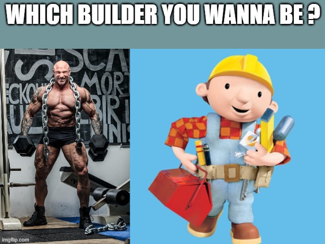 Builder or A biuilder | WHICH BUILDER YOU WANNA BE ? | image tagged in bodybuilder,bob the builder | made w/ Imgflip meme maker