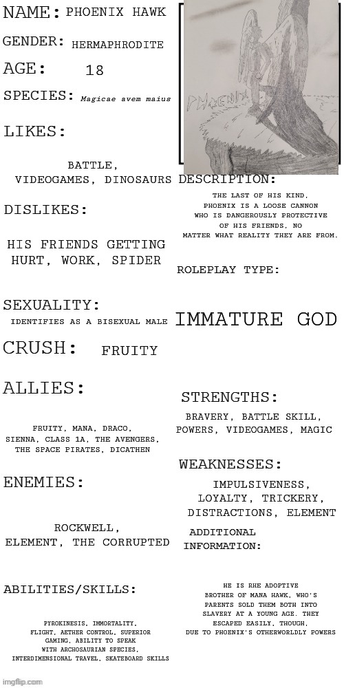 Phoenix | PHOENIX HAWK; HERMAPHRODITE; 18; Magicae avem maius; BATTLE, VIDEOGAMES, DINOSAURS; THE LAST OF HIS KIND, PHOENIX IS A LOOSE CANNON WHO IS DANGEROUSLY PROTECTIVE OF HIS FRIENDS, NO MATTER WHAT REALITY THEY ARE FROM. HIS FRIENDS GETTING HURT, WORK, SPIDER; IMMATURE GOD; IDENTIFIES AS A BISEXUAL MALE; FRUITY; BRAVERY, BATTLE SKILL, POWERS, VIDEOGAMES, MAGIC; FRUITY, MANA, DRACO, SIENNA, CLASS 1A, THE AVENGERS, THE SPACE PIRATES, DICATHEN; IMPULSIVENESS, LOYALTY, TRICKERY, DISTRACTIONS, ELEMENT; ROCKWELL, ELEMENT, THE CORRUPTED; HE IS RHE ADOPTIVE BROTHER OF MANA HAWK, WHO'S PARENTS SOLD THEM BOTH INTO SLAVERY AT A YOUNG AGE. THEY ESCAPED EASILY, THOUGH, DUE TO PHOENIX'S OTHERWORLDLY POWERS; PYROKINESIS, IMMORTALITY, FLIGHT, AETHER CONTROL, SUPERIOR GAMING, ABILITY TO SPEAK WITH ARCHOSAURIAN SPECIES, INTERDIMENSIONAL TRAVEL, SKATEBOARD SKILLS | image tagged in updated roleplay oc showcase | made w/ Imgflip meme maker