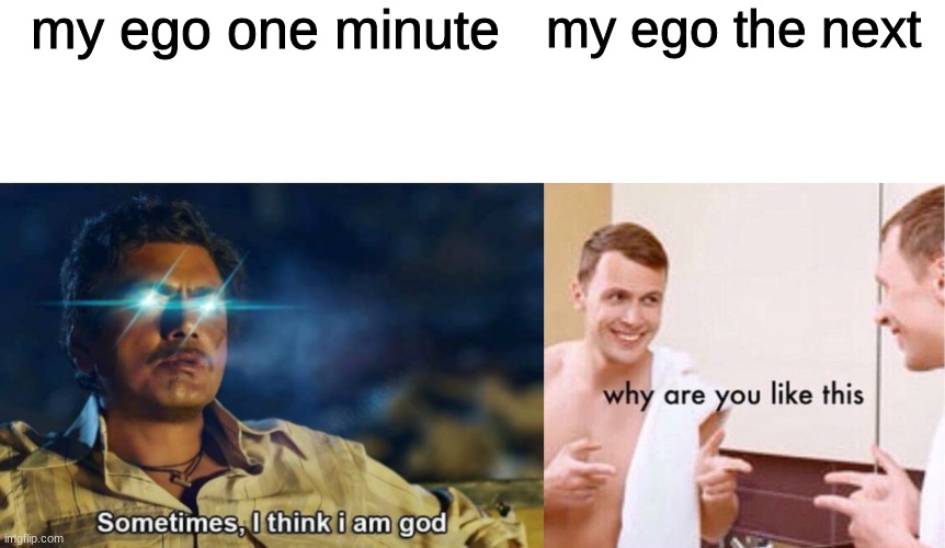 My ego in a nutshell | my ego one minute; my ego the next | image tagged in why are you like this,funny,relatable | made w/ Imgflip meme maker