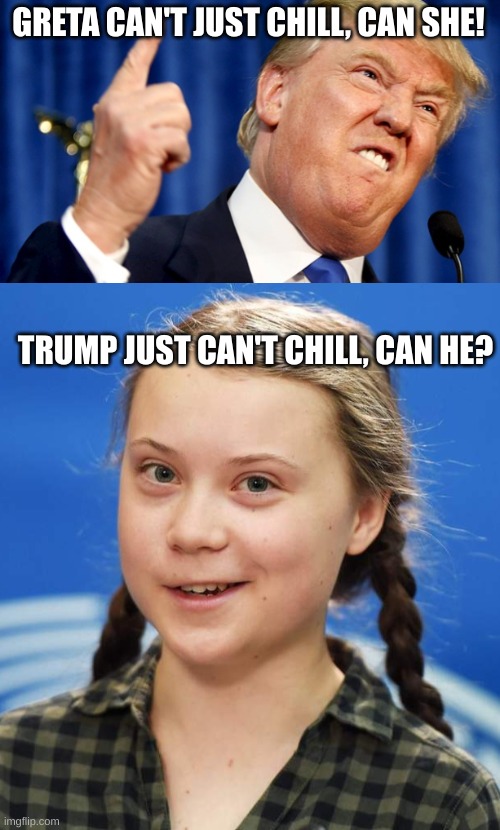 Amazing | GRETA CAN'T JUST CHILL, CAN SHE! TRUMP JUST CAN'T CHILL, CAN HE? | image tagged in mad trump,greta thunberg | made w/ Imgflip meme maker