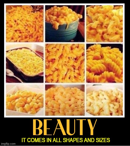 Mac and Cheese Heaven | BEAUTY; IT COMES IN ALL SHAPES AND SIZES | image tagged in vince vance,macaroni,kraft,mac and cheese,pasta,fun food | made w/ Imgflip meme maker