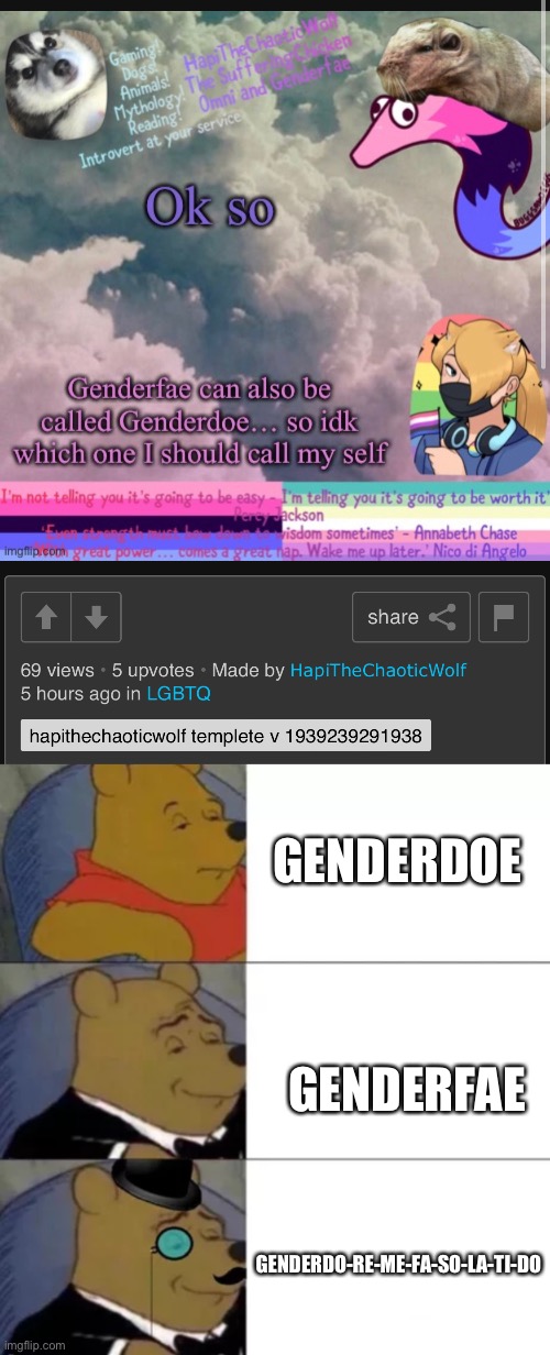 Time to be an intolerant Neanderthal | GENDERDOE; GENDERFAE; GENDERDO-RE-ME-FA-SO-LA-TI-DO | image tagged in fancy pooh | made w/ Imgflip meme maker