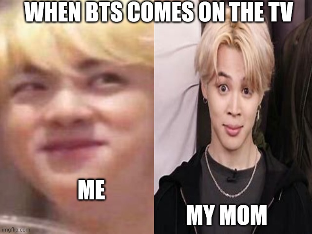 WHEN BTS COMES ON THE TV; ME                                                                MY MOM | image tagged in bts | made w/ Imgflip meme maker