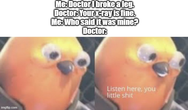 crack | Me: Doctor I broke a leg.
Doctor: Your x-ray is fine.
Me: Who said it was mine?
Doctor: | image tagged in listen here you little shit bird,dark humor,legs,funny,funny memes,memes | made w/ Imgflip meme maker