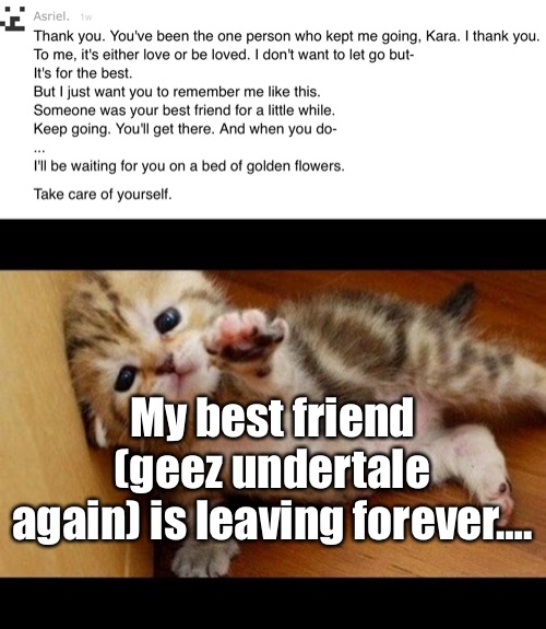 My best friend (geez undertale again) is leaving forever…. | image tagged in don't leave me | made w/ Imgflip meme maker