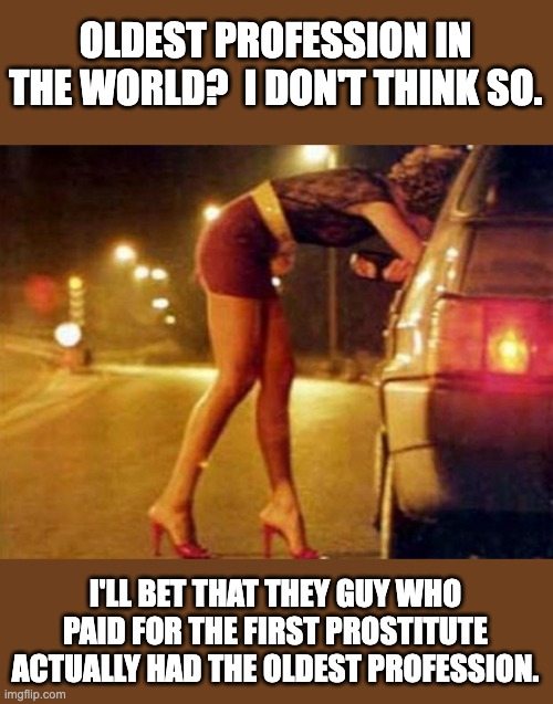 Oldest? |  OLDEST PROFESSION IN THE WORLD?  I DON'T THINK SO. I'LL BET THAT THEY GUY WHO PAID FOR THE FIRST PROSTITUTE ACTUALLY HAD THE OLDEST PROFESSION. | image tagged in prostitute | made w/ Imgflip meme maker