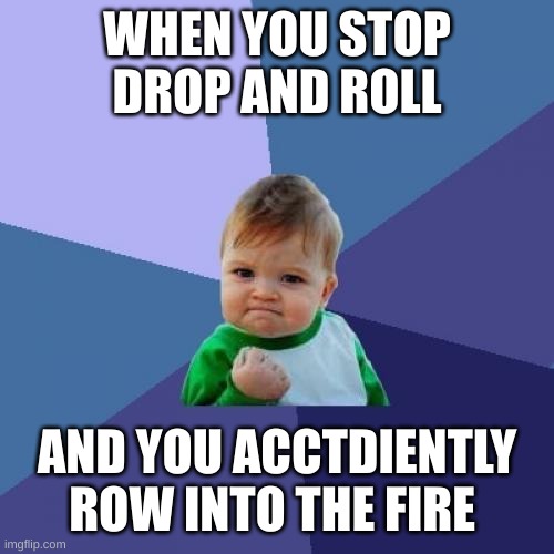 make sense | WHEN YOU STOP DROP AND ROLL; AND YOU ACCTDIENTLY ROW INTO THE FIRE | image tagged in memes,success kid | made w/ Imgflip meme maker