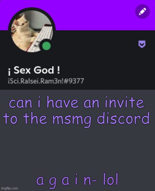 Ram3n's Template | can i have an invite to the msmg discord; a g a i n- lol | image tagged in ram3n's template | made w/ Imgflip meme maker