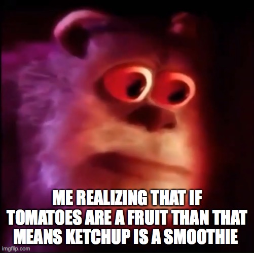 Monster inc. | ME REALIZING THAT IF TOMATOES ARE A FRUIT THAN THAT MEANS KETCHUP IS A SMOOTHIE | image tagged in monster inc,funny,funny memes,dank memes,memes,ree | made w/ Imgflip meme maker