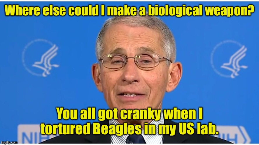 Dr Fauci | Where else could I make a biological weapon? You all got cranky when I tortured Beagles in my US lab. | image tagged in dr fauci | made w/ Imgflip meme maker