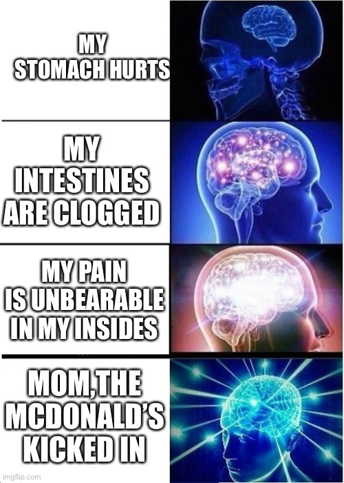 Expanding Brain Meme | MY STOMACH HURTS; MY INTESTINES ARE CLOGGED; MY PAIN IS UNBEARABLE IN MY INSIDES; MOM,THE MCDONALD’S KICKED IN | image tagged in memes,expanding brain | made w/ Imgflip meme maker