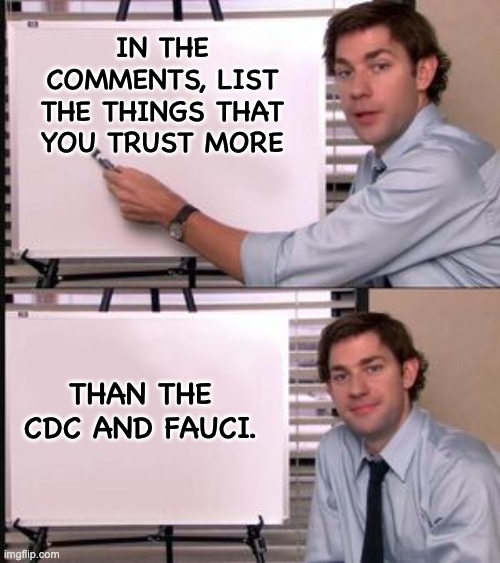 Found a typo, remade the meme | IN THE COMMENTS, LIST THE THINGS THAT YOU TRUST MORE; THAN THE CDC AND FAUCI. | image tagged in the office guy pointing to white board | made w/ Imgflip meme maker
