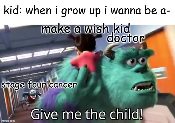 GIVE ME THE CHILD | kid: when i grow up i wanna be a-; make a wish kid; doctor; stage four cancer | image tagged in give me the child,dark humor,offensive,memes,funny,funny memes | made w/ Imgflip meme maker