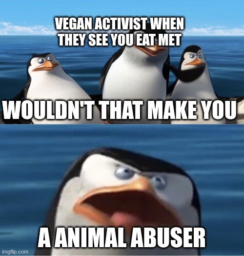 Vegans in a nutshell | VEGAN ACTIVIST WHEN THEY SEE YOU EAT MET; WOULDN'T THAT MAKE YOU; A ANIMAL ABUSER | image tagged in wouldn't that make you | made w/ Imgflip meme maker
