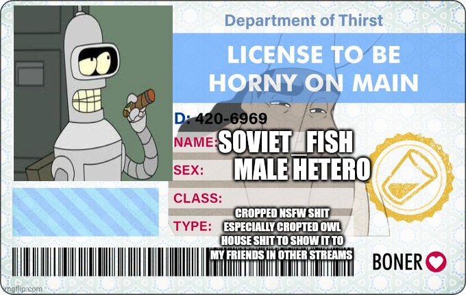 License To Be Horny On Main | SOVIET_FISH; MALE HETERO; CROPPED NSFW SHIT ESPECIALLY CROPTED OWL HOUSE SHIT TO SHOW IT TO MY FRIENDS IN OTHER STREAMS | image tagged in license to be horny on main | made w/ Imgflip meme maker
