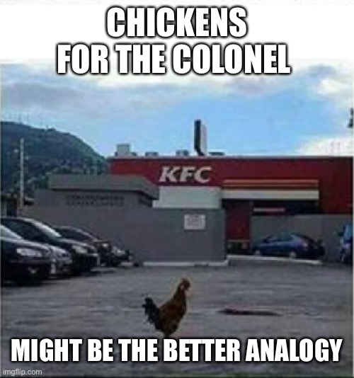 KFC Chicken | CHICKENS FOR THE COLONEL MIGHT BE THE BETTER ANALOGY | image tagged in kfc chicken | made w/ Imgflip meme maker