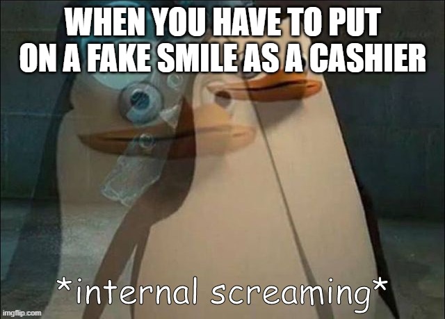 Cashier Meme | WHEN YOU HAVE TO PUT ON A FAKE SMILE AS A CASHIER | image tagged in private internal screaming | made w/ Imgflip meme maker