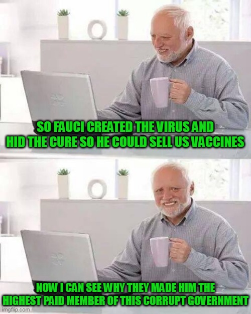 A shout out to Project Veritas and those pushing for full disclosure. It's all right out in front of us now. |  SO FAUCI CREATED THE VIRUS AND HID THE CURE SO HE COULD SELL US VACCINES; NOW I CAN SEE WHY THEY MADE HIM THE HIGHEST PAID MEMBER OF THIS CORRUPT GOVERNMENT | image tagged in memes,hide the pain harold | made w/ Imgflip meme maker