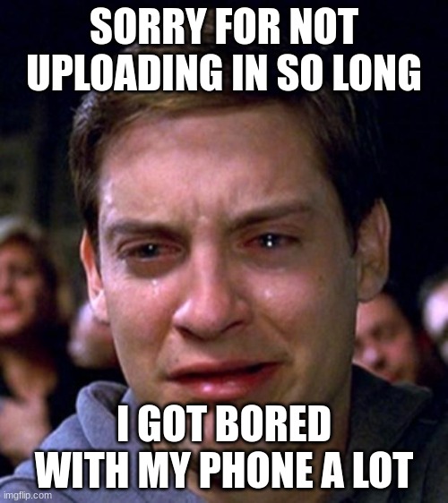 crying peter parker | SORRY FOR NOT UPLOADING IN SO LONG; I GOT BORED WITH MY PHONE A LOT | image tagged in crying peter parker | made w/ Imgflip meme maker