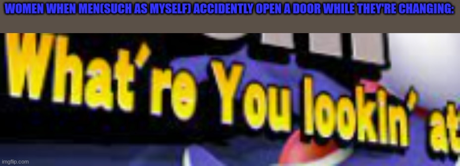 What're You Lookin' At | WOMEN WHEN MEN(SUCH AS MYSELF) ACCIDENTLY OPEN A DOOR WHILE THEY'RE CHANGING: | image tagged in what're you lookin' at | made w/ Imgflip meme maker