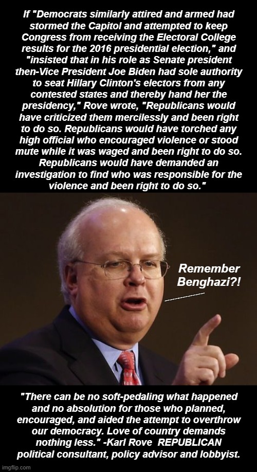 Karl Rove OP ED | Remember Benghazi?! ___________________________________ | image tagged in karl rove,jan 6,trump,insurrection,never forget,justice | made w/ Imgflip meme maker