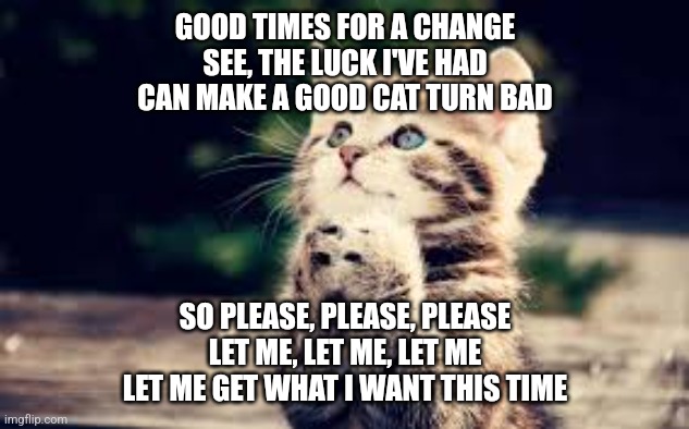 Morrissey the Smiths cat begs | GOOD TIMES FOR A CHANGE
SEE, THE LUCK I'VE HAD
CAN MAKE A GOOD CAT TURN BAD; SO PLEASE, PLEASE, PLEASE
LET ME, LET ME, LET ME
LET ME GET WHAT I WANT THIS TIME | image tagged in prayer,morrissey,the smiths,cat,kitty | made w/ Imgflip meme maker