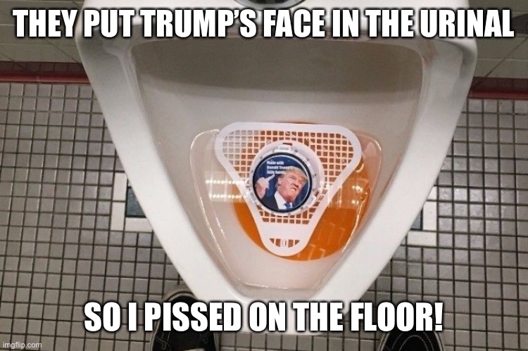 THEY PUT TRUMP’S FACE IN THE URINAL; SO I PISSED ON THE FLOOR! | image tagged in donald trump,maga | made w/ Imgflip meme maker