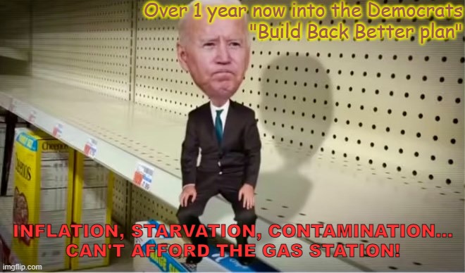Biden on empty store shelf | Over 1 year now into the Democrats
 "Build Back Better plan"; INFLATION, STARVATION, CONTAMINATION...
 CAN'T AFFORD THE GAS STATION! | image tagged in biden on empty store shelf | made w/ Imgflip meme maker