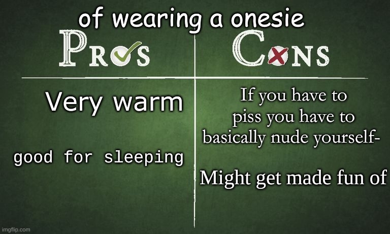 Pros and cons | of wearing a onesie; Very warm; If you have to piss you have to basically nude yourself-; good for sleeping; Might get made fun of | image tagged in pros and cons | made w/ Imgflip meme maker